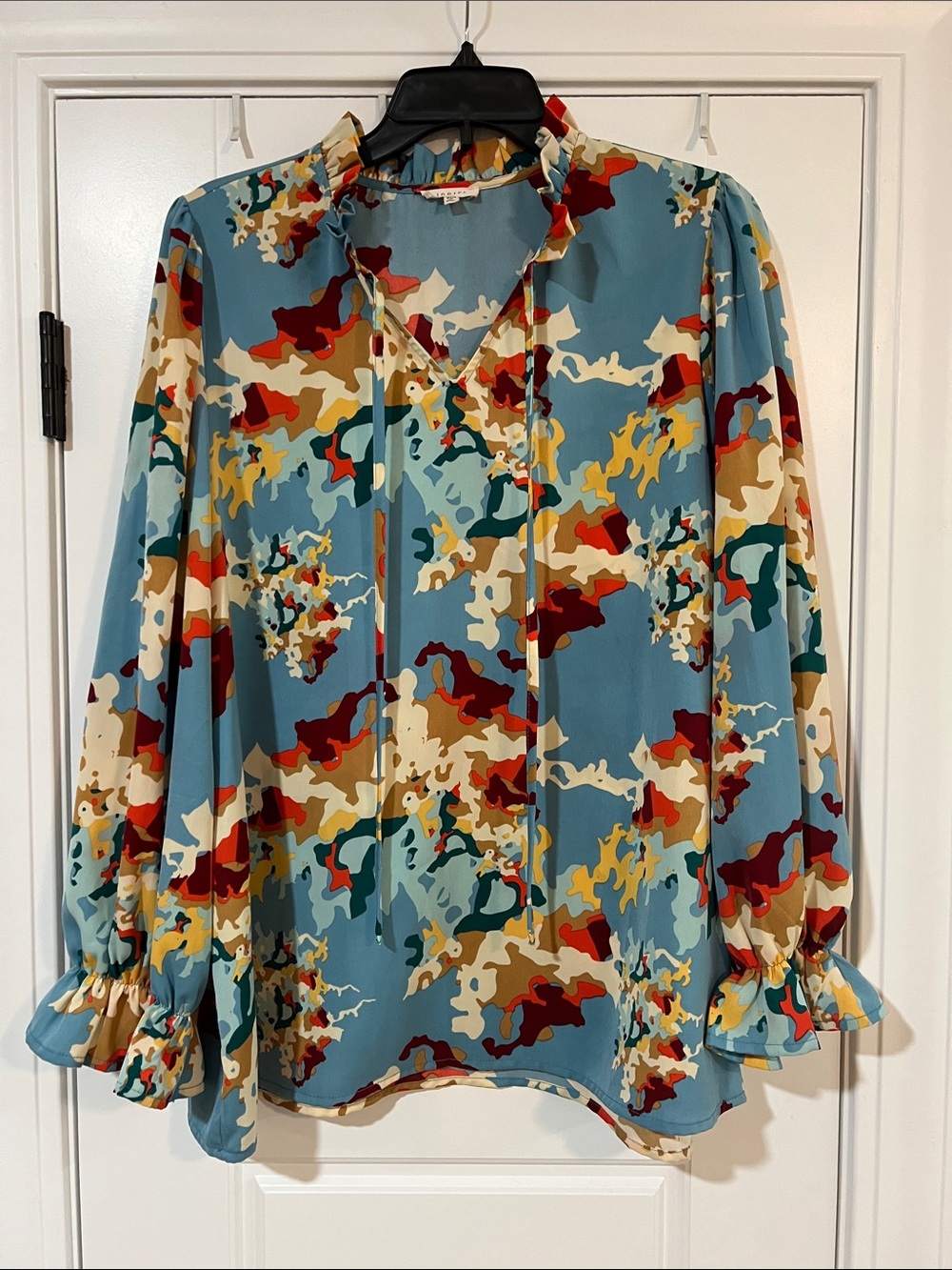 JODIFL Teal Multi Abstract Tie-Neck Blouse